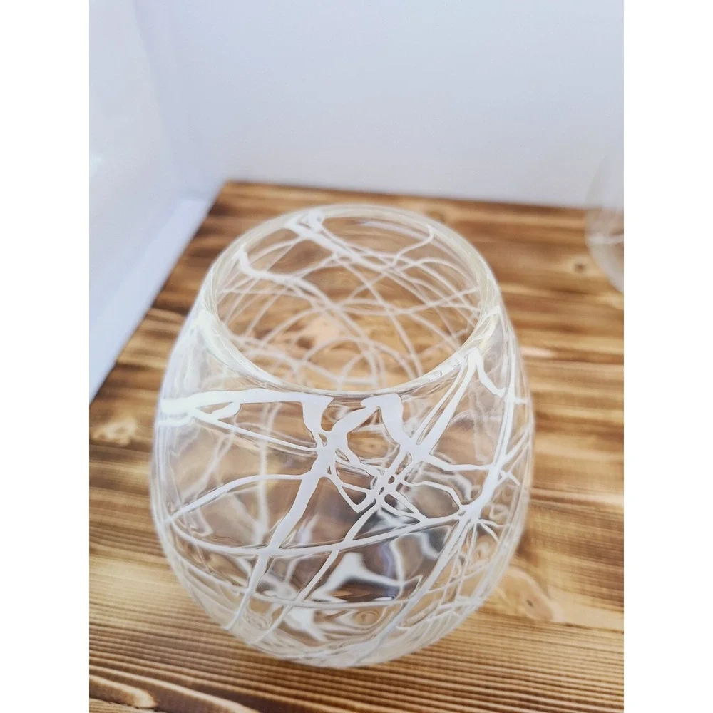 Set of 2 Lg‎ Hand Blown Glass White Spaghetti Drizzle Votive Candle Holder 6